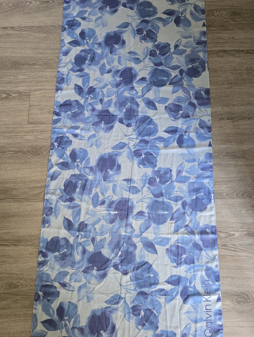 Calvin Klein Blue Floral Watercolor Sheer Chiffon Scarf Wrap 29x73 Logo Large